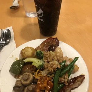 Coconut chicken, buttered mushrooms, fried chicken, bourbon chicken, pepper steak, lovely crisp green beans