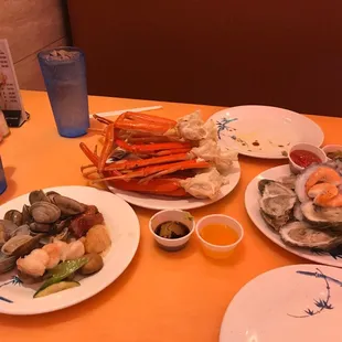 Snow crab, oysters, baby clams, steamed shrimps..