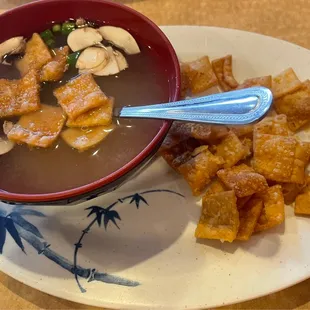 Miso soup with crispy wontons