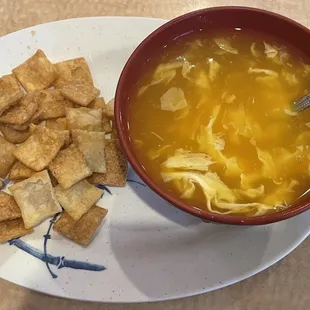 Egg drop soup with crispy wontons