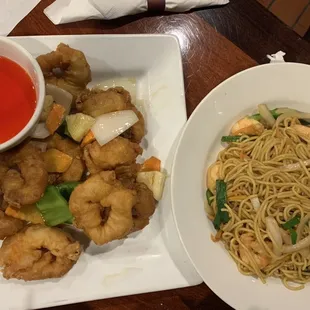 Fried shrimp and Lo mein