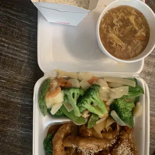 Special combo #2 - Sesame Chicken with shrimp vegetable side of hot and sour soup.