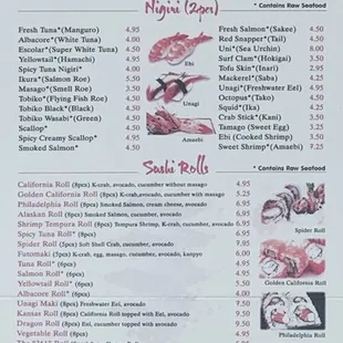 Sushi menu