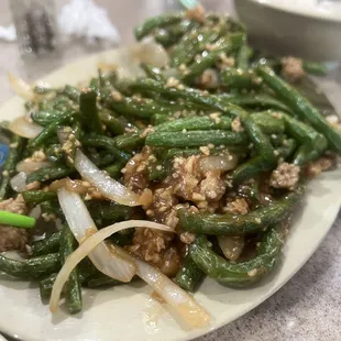 String beans with ground pork. No spice.