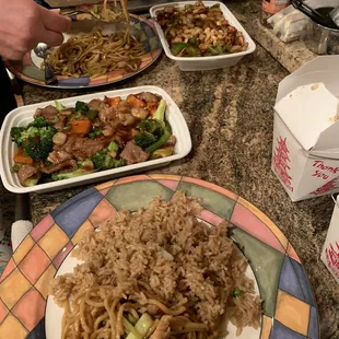 Our food!  Combo lo mein ( no shrimp) ... hunan pork ... Kung pa chicken and egg rolls