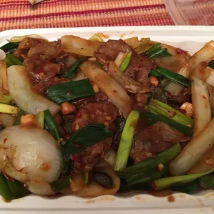 Mongolian Satay Beef--has a lot of onions and scallions with the beef and a few peanuts.