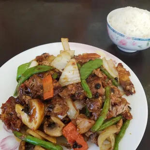 Spicy duck. Everything except the onions were perfectly cooked.