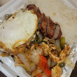 Basil Chicken with steam rice plus a side of Lao Sausage