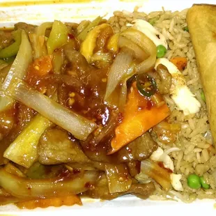 C14 hot spicy beef with chicken fried rice and egg roll.
