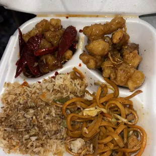 3 Way Combo Plate with fried rice, noodles, orange chicken, &amp; general Tso's chicken.