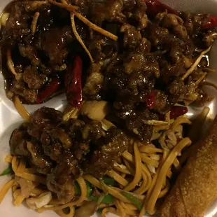 Orange beef with egg roll