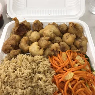 1 item Lunch combo.  Sweet and sour pork and 1/2 noodles and rice.  Sauce on the side. Pork is crispy.