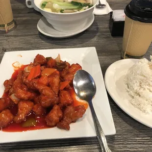 Sweet-and-sour chicken was delicious. The wonton soup in the background is a large serving.