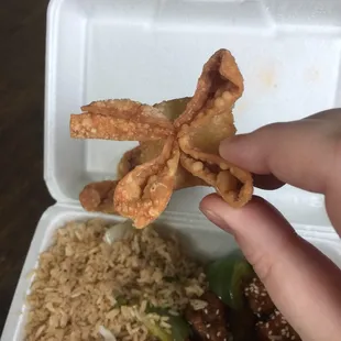 Overcooked crab Rangoon. Way too burnt. Hard to chew.