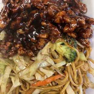 a plate of noodles and meat