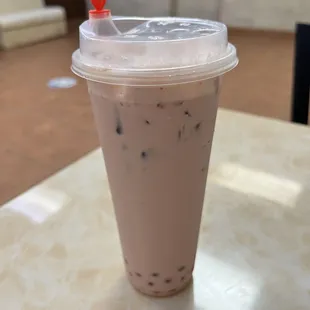 Strawberry milk tea add Crystal boba