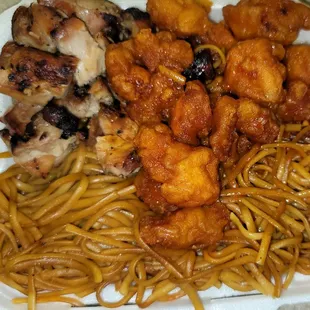 Bourbon chicken, orange chicken, and double order of lo-mein!
