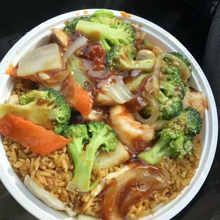 Shrimp with mixed veggies and chicken fried rice. Steaming hot and plenty of shrimp.