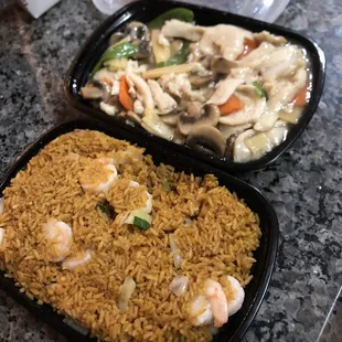 v shrimp fried rice ^ moo goo gai pan