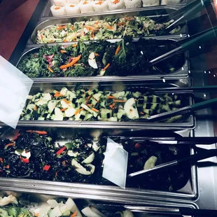 Cucumber salad, Seaweed salad, Asian chicken salad and kale salad