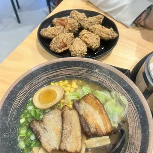 Crispy soy sauce wings and shoyu ramen