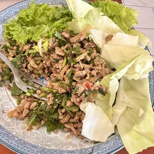 a plate of lettuce and meat