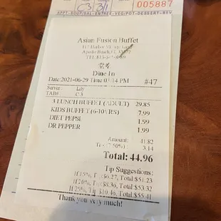 a receipt for dinner