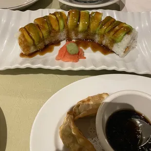 American dream roll and pork gyozas