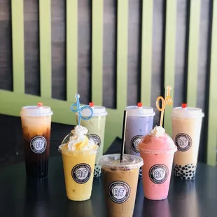 Thai Iced Tea, Matcha, Taro House Milk Tea, Vietnamese Iced Coffee, Mango &amp; Strawberry Smoothie