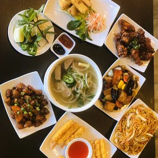 Appetizers: Shrimp Tempura, Egg Rolls &amp; Rocket Shrimp Pho Combo  Chicken Wings Orange Chicken Chow Mein  Eggplant Tofu