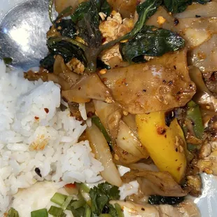 Walleye in chili lime sauce and beef pad knee mao with wide rice noodles (I added the  it came non-spicy for my daughter)