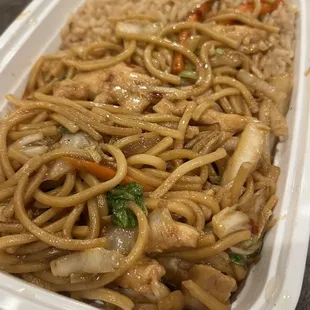 Chicken lo mein with fried rice