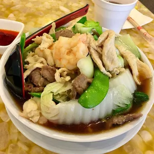 Triple Delight Noodle Soup, with $1 extra chicken, $1 extra beef, $3 dollar extra upgraded jumble shrimp. Good stuff!!