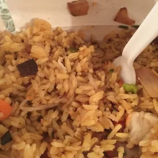 House Fried rice with everything in it?  Or brown rice with some peas and carrots.   8 bucks....