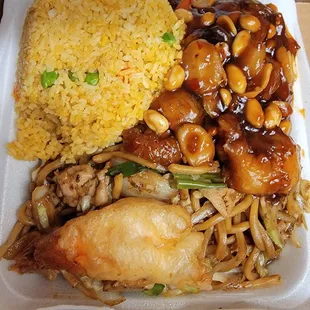 Shrimp with rice and noodles and fried shrimp lunch special