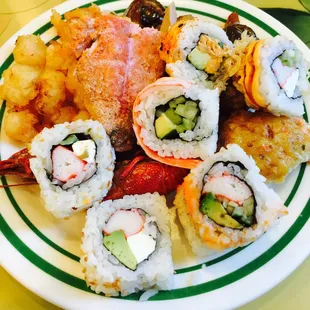 Buffet plate...salmon, shrimp, crawfish, sushi, etc....