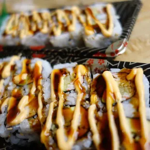 California rolls with eel sauce and spicy mayo
