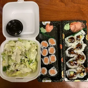 Lunch special $8.95: salad, salmon roll, and eel avocado roll