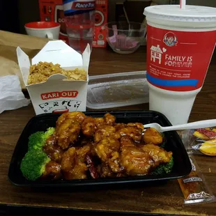 General Tso and fried rice with a Wendy's drink