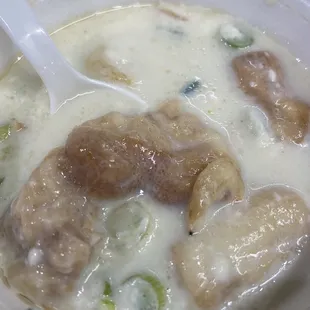 Salty tofu with pieces of crueler. They all have diff consistency, this one is liquidy