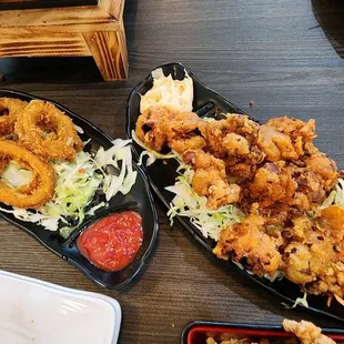 Fried calamari and baby octopus, yum!