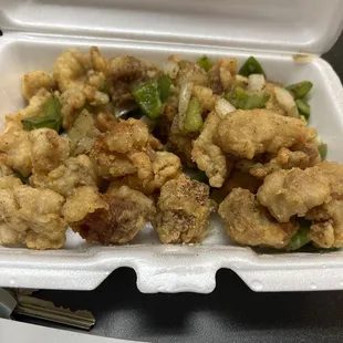 a take out container of food