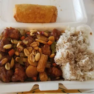 a meal in a styrofoam container
