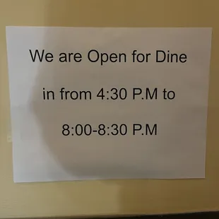 Dine in hours