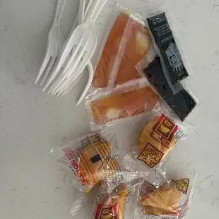 Condiments,  plastic ware, fortune cookies