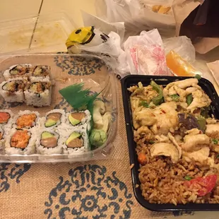 Eel, salmon avocado, and spicy tuna rolls - all were great! Green curry chicken on the left - just ok.