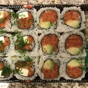 Rock and Roll on the left and Spicy Tuna with avocado on the right.  So delish.