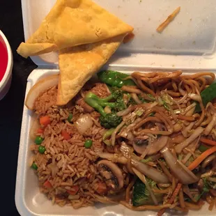 Vegetable lo mein lunch special with fried rice and crab rangoon