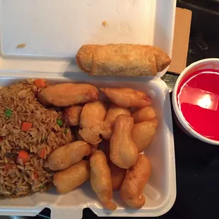 Sweet and sour chicken lunch special with fried rice and egg roll