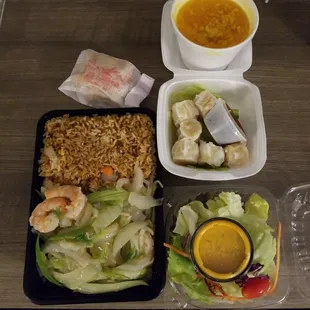 "Chow mein" (no noodles, really chop suey), fried rice, egg drop soup,  shumai, &amp; salad